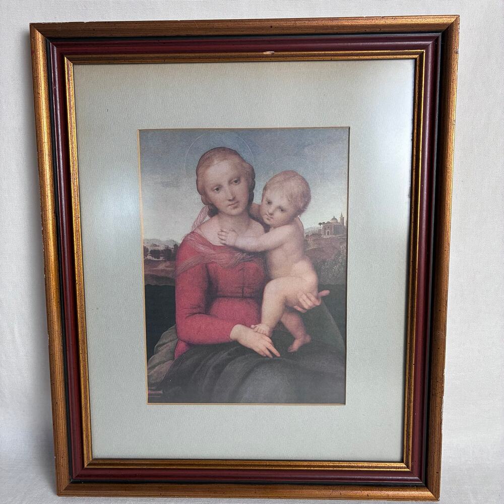 Vintage Religious Art Madonna and Child Framed Lithograph Print Custom Framed